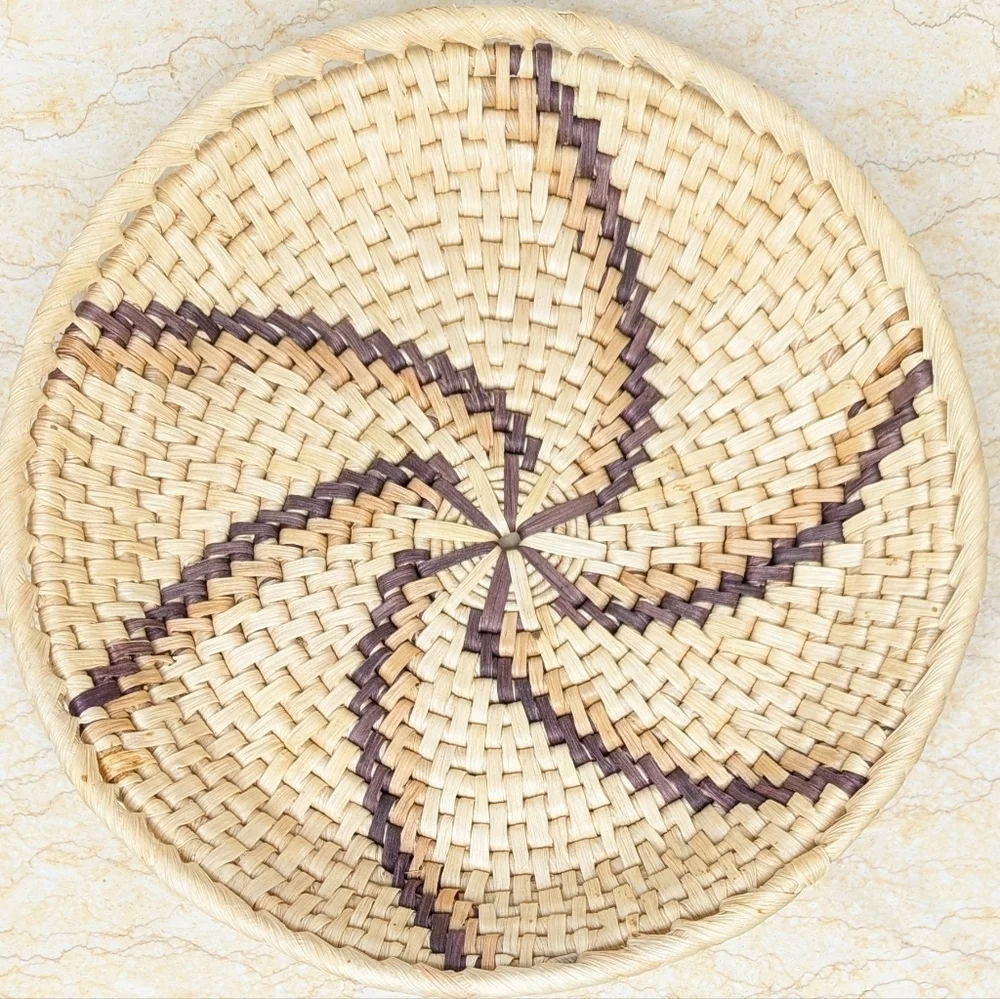 Vintage Woven Coil Handmade Round Tan & Brown Pinwheel Basket Harvest Bowl